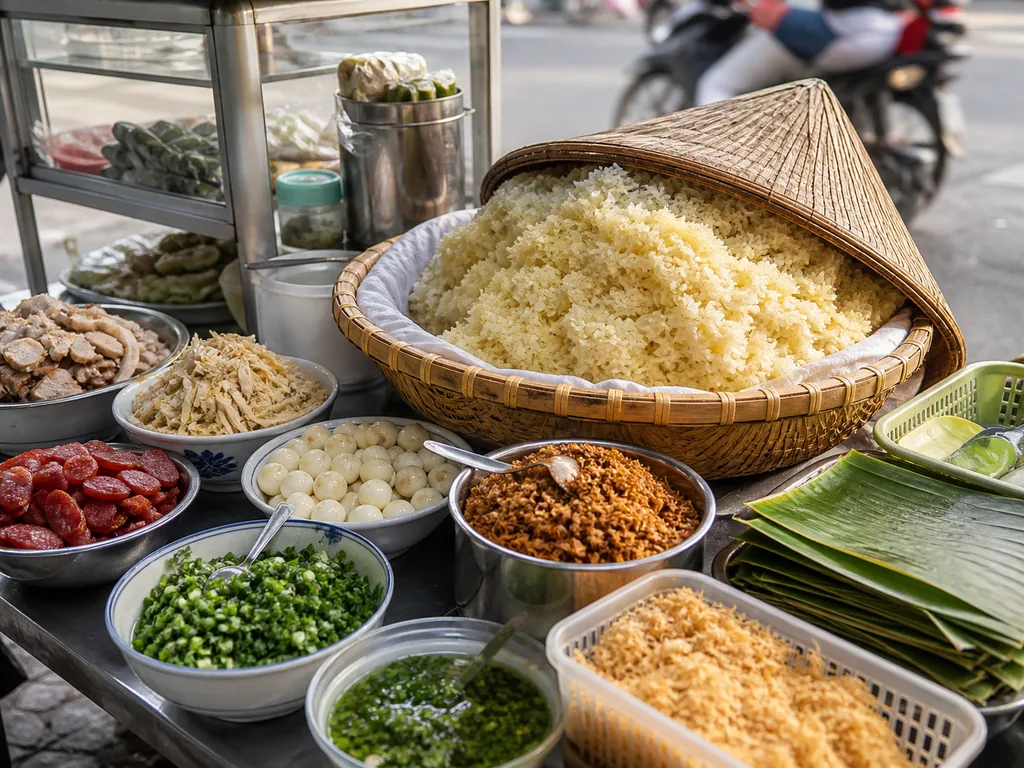 Quầy xôi mặn Sài Gòn buổi sáng với nhiều topping