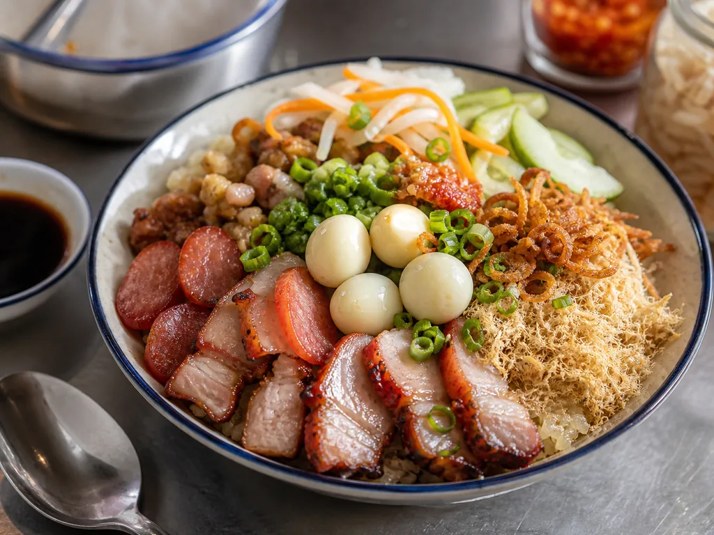 Xôi mặn thập cẩm Sài Gòn với lạp xưởng và trứng cút