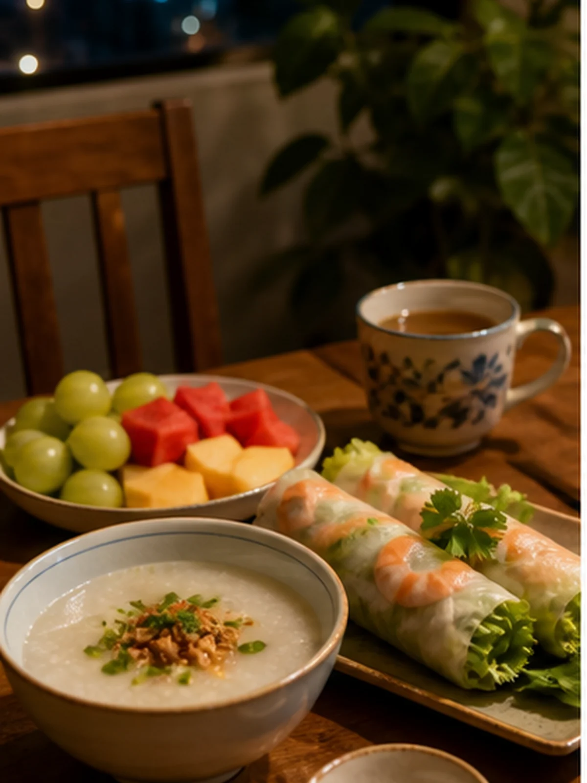 Bữa ăn nhẹ buổi tối ở Sài Gòn với cháo, món cuốn và trái cây