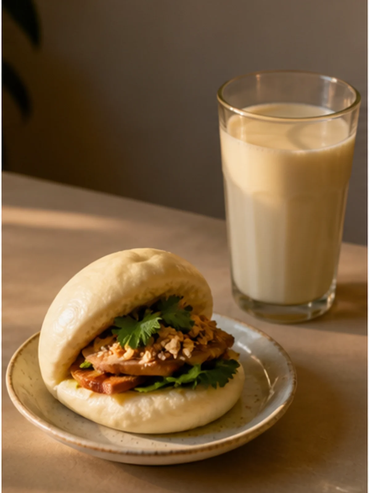 Bánh bao nhỏ và ly sữa đậu nành cho bữa tối nhẹ